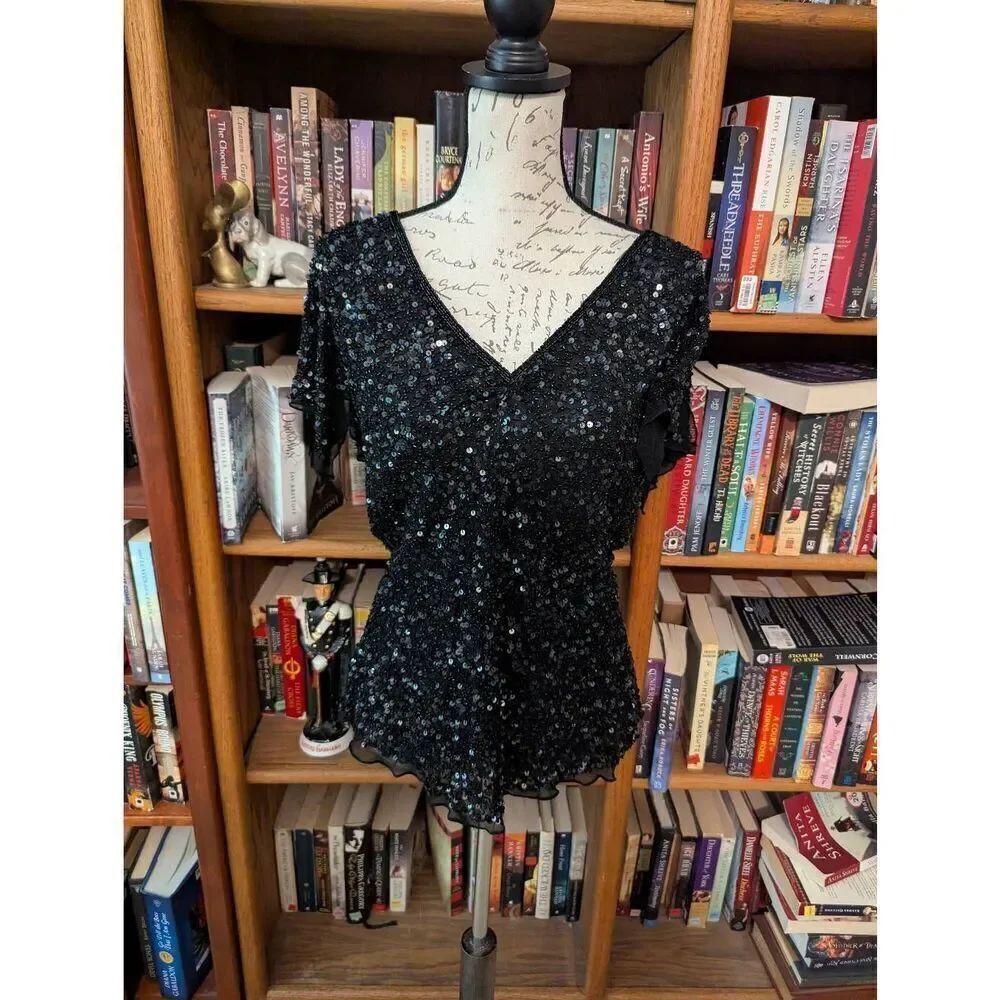 Vintage Adrianna Papell Evening Essentials Women's L Silk Black Top Blouse